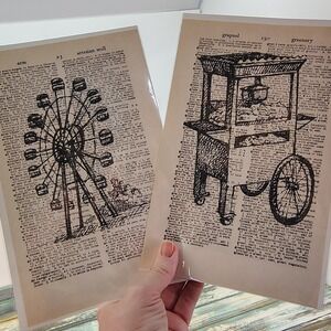 Ferris Wheel and Popcorn Cart Vtg Dictionary Page Decor Carnival Nostalgia Pair